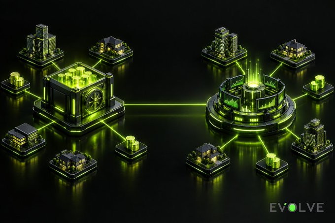 A neon-green themed promotional graphic from Evolve shows interconnected nodes featuring skyscrapers, houses, and central hubs displaying charts and data, all linked by glowing lines on a dark background, with the "EVOLVE" logo in the corner. The image visualizes a connected financial ecosystem, aligning with the giveaway post that encourages users to join the Evolve community on t.me/EVOLVECommunit by dropping proof of participation and their wallet address.