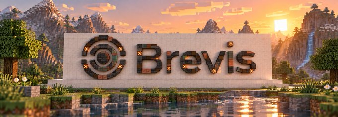 A Minecraft-style build of a large "Brevis" logo sign displayed on a white wall surrounded by water, mountains, and a sunset sky.