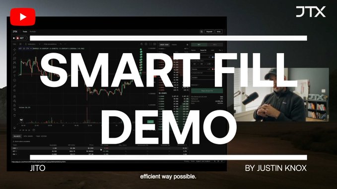 A YouTube thumbnail for a 'SMART FILL DEMO' video by Justin Knox, showing a person using a trading platform called JTX with trading charts visible in the background.