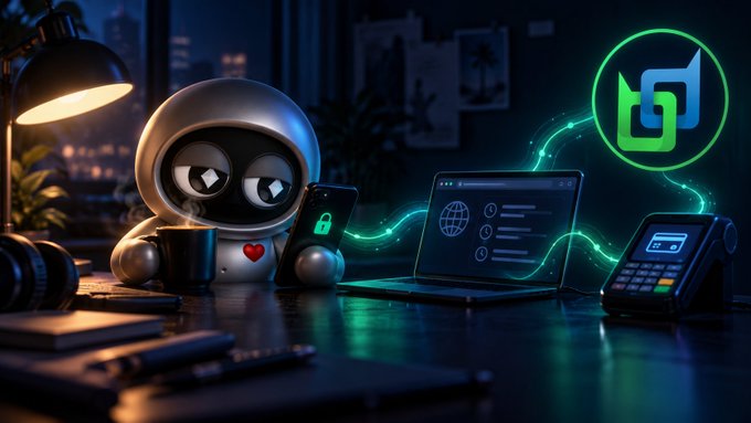 Digital artwork featuring a small white robot character holding a smartphone displaying a lock icon, sitting at a desk with a laptop, payment terminal, and a glowing green and blue logo in the background.