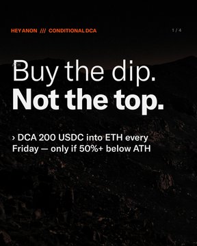 A dark-themed promotional graphic from HEYANON titled "CONDITIONAL DCA" with the text "Buy the dip. Not the top." explaining a strategy to DCA 200 USDC into ETH every Friday only if 50%+ below ATH.