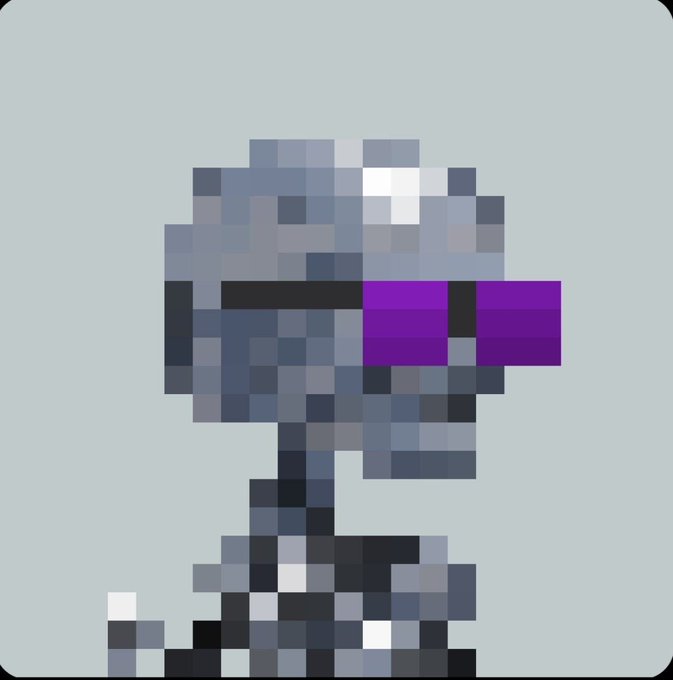 A pixel art character with a gray helmet and purple visor appears to be holding a weapon.