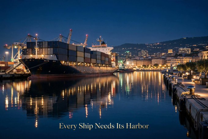 A container ship docked at a harbor at night, with the caption "Every Ship Needs Its Harbor," metaphorically illustrating how the EthraShip protocol offers a safe, structured harbor-like environment for users to learn about staking, governance, and Sea Verity through its USDC-incentivized leaderboard.