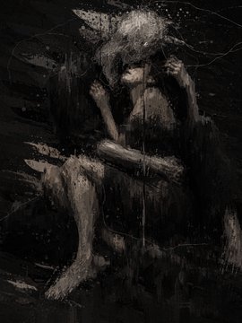 A dark, moody painting depicts a solitary, ragged figure sitting with its head bowed in its hands, rendered in heavy, textured brushstrokes.