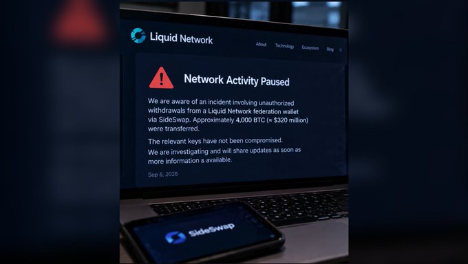 A laptop displaying a Liquid Network announcement page with a red warning icon and the text 'Network Activity Paused', reporting an incident involving unauthorized withdrawals of approximately 4,000 BTC (~$320 million) via SideSwap on Sep 6, 2026.