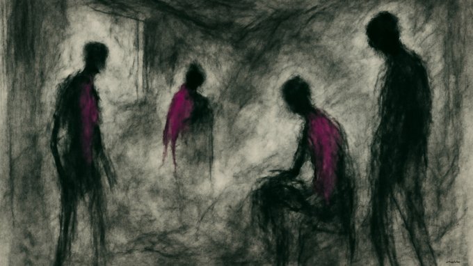A dark, sketch-like artwork depicts four shadowy figures with splashes of pink/magenta against a heavily textured, gloomy gray background.