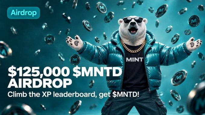 An advertisement for a '$125,000 $MNTD AIRDROP' featuring an anthropomorphic polar bear in sunglasses and a teal puffer jacket surrounded by flying coins.