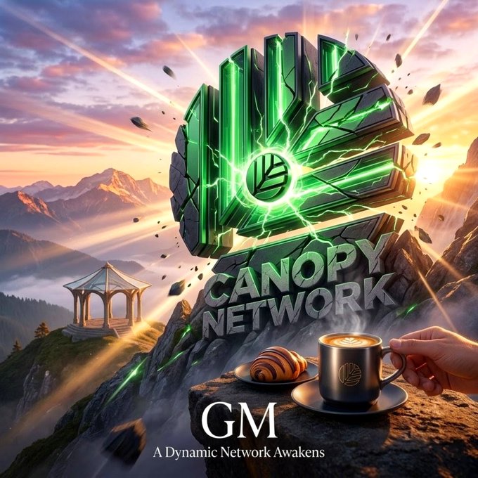 A digital promotional graphic features a glowing green "CANOPY NETWORK" logo on a mountainous cliff with a cup of coffee and pastry, labeled "GM - A Dynamic Network Awakens."