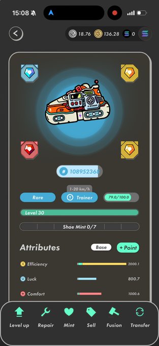 The image shows an iPhone screen displaying a game app with a character, a blue circle, and various gemstones inside of it. The app has a rating system for different levels of difficulty, and there are descriptions of each level available on the screen. A user can also choose their preferred mode or play style from a dropdown menu.