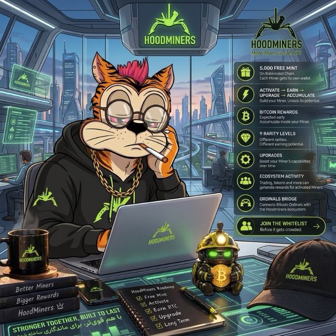 Promotional graphic for 'HOODMINERS' featuring a tiger mascot in a hoodie and glasses smoking a cigarette while using a laptop, surrounded by feature lists including '5,000 FREE MINT', 'BITCOIN REWARDS', and 'JOIN THE WHITELIST'.