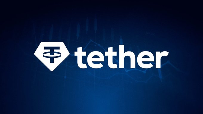 The Tether logo (a 'T' in a hexagonal shape) displayed in white on a dark blue background with subtle chart patterns.