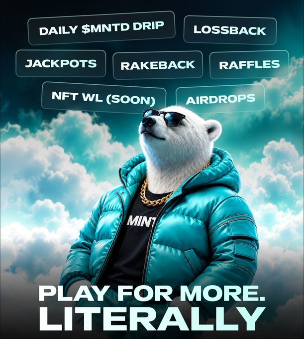 A promotional image for '$MNTD' features a polar bear wearing sunglasses, a gold chain, and a teal puffer jacket, set against a cloudy sky background with tags like 'DAILY $MNTD DRIP', 'LOSSBACK', 'JACKPOTS', and 'RAKEBACK'.