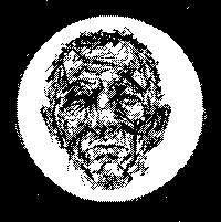 A black and white sketch of a classical bust-style face in a circular white frame.