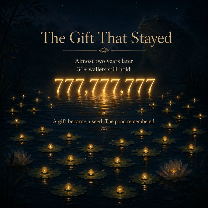 The image features an illustration of a pond filled with numerous floating lily pads, each adorned with small lights that cast a warm glow across the scene. In the background, there are two frogs sitting on lily pads, adding to the overall ambiance of the image. The text in the image reads "The Gift That Stayed" and "A gift became a seed. The pond remembered." This message is related to the post because it references the idea that gifts can have lasting effects, just like the seeds they create when planted.