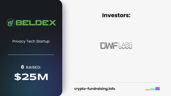 The image shows Beldex, a Privacy Tech Startup, announcing they raised $25M with DWF Labs as investors, visually supporting the post's claim about Beldex expanding beyond just a privacy blockchain into a full ecosystem supported by significant investor backing.