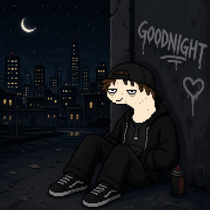A pixel-art character in a black hoodie and cap sits against a brick wall on a city rooftop at night, with a spray paint can beside him and "GOODNIGHT" tagged on the wall next to a heart doodle, mirroring the post's late-night farewell to web3 and warning about trust in the "hood."