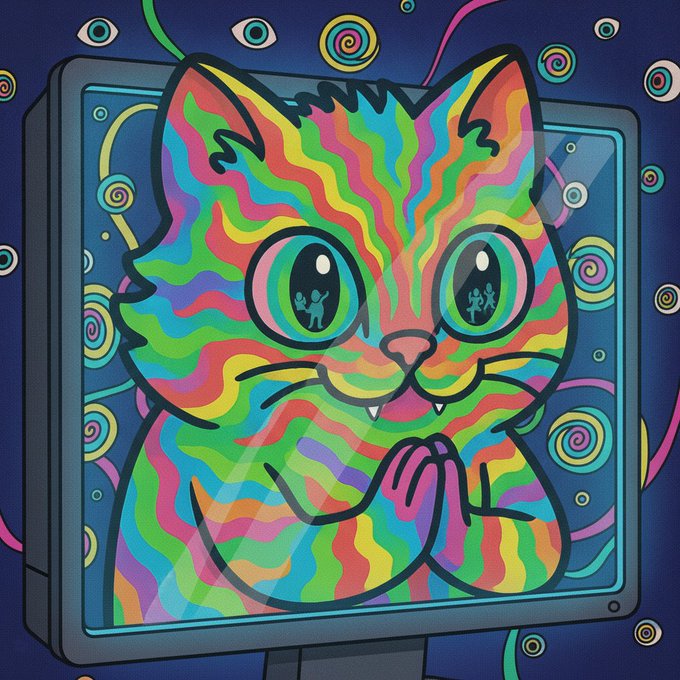 A colorful, psychedelic digital illustration of a rainbow-striped cat with large expressive eyes displayed on a computer monitor, surrounded by swirling eye patterns.