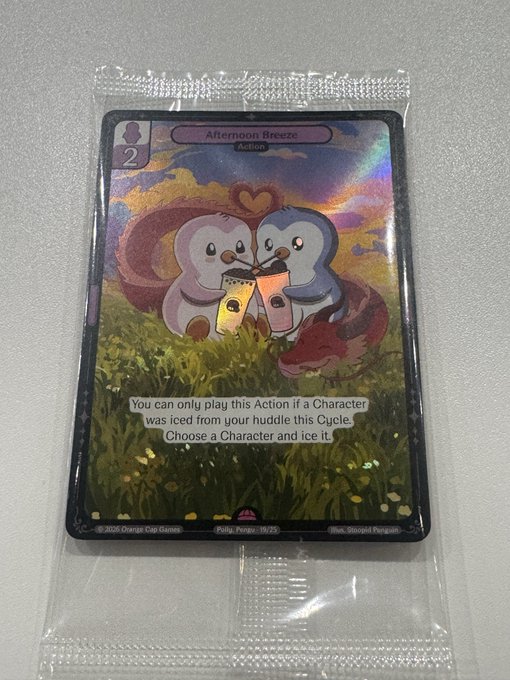 A sealed Disney Lorcana trading card titled 'Afternoon Breeze' featuring two penguin characters sharing a drink in a grassy field.