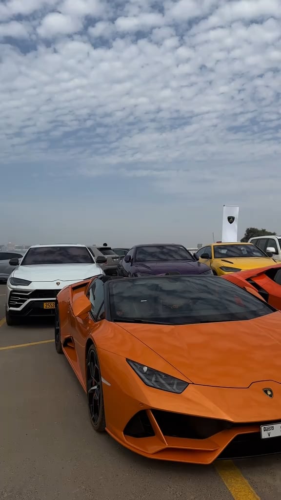 A row of Lamborghinis in white, purple, yellow, and orange parked under a cloudy sky, with the orange Huracán prominently displaying a "DUBAI" license plate in the foreground. The lineup of luxury supercars mirrors the "HBARbarians in 2029" post, symbolizing a vision of opulent success and bold ambition.