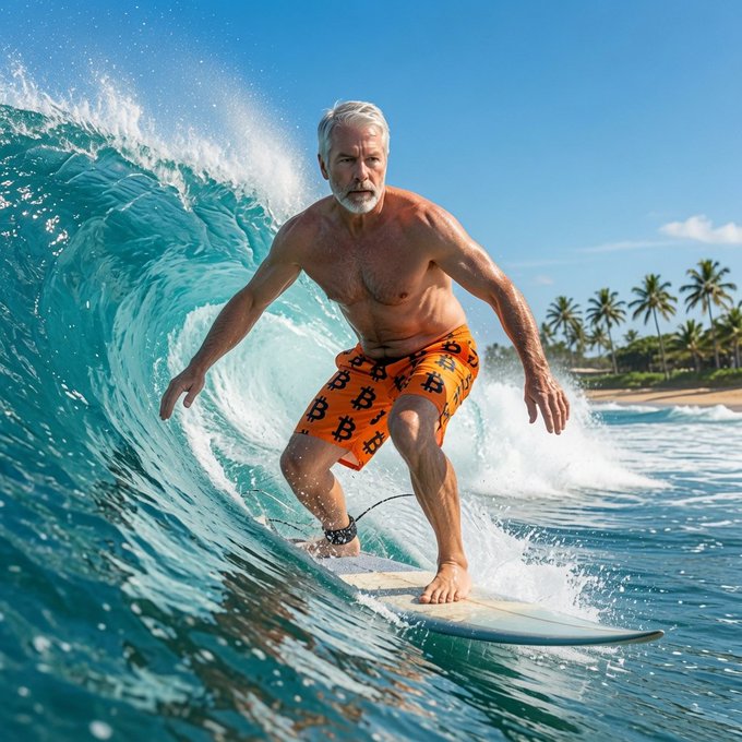 A silver-haired older man in orange patterned swim trunks surfs a wave on a white surfboard, with palm trees visible along the shoreline.
