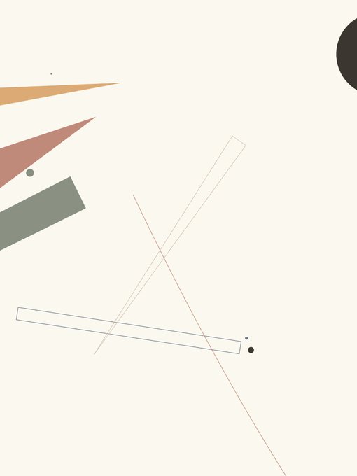 A minimalist abstract artwork on a cream background featuring geometric shapes in muted earth tones including triangles, rectangles, lines, and a black circle.