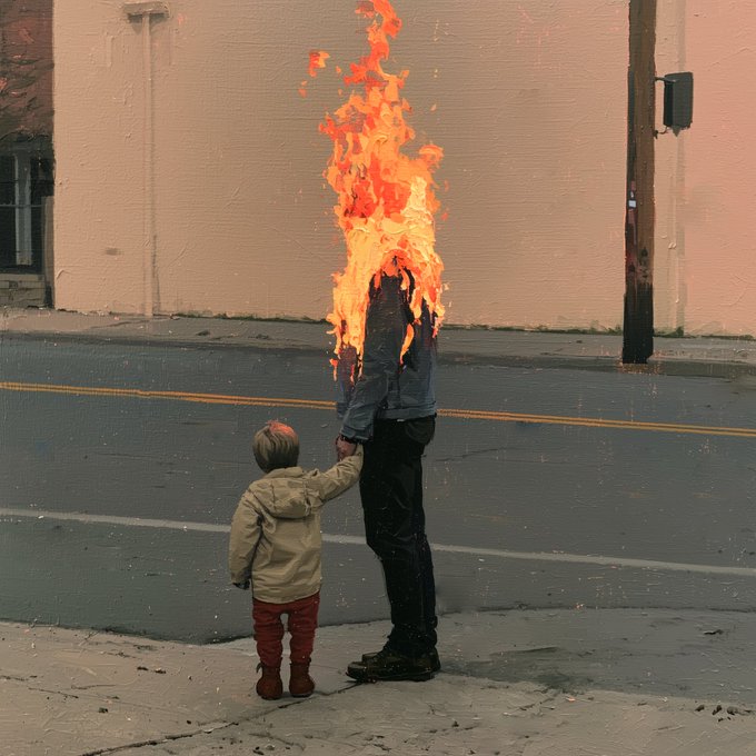 A surreal painting depicts an adult whose upper body is engulfed in flames while holding the hand of a small child standing on a sidewalk beside a street.