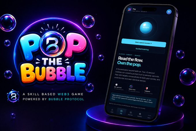 An advertisement for 'POP THE BUBBLE,' a Web3 game, displaying colorful bubble graphics alongside a smartphone showing the game's interface and the text 'Read the flow. Own the pop.'