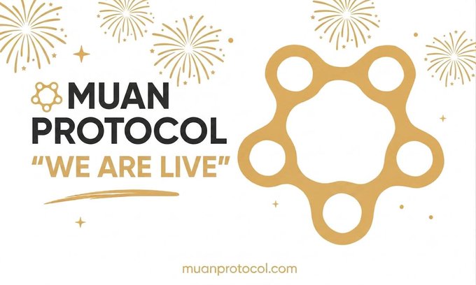 The image features a white background with gold text that reads "Muan Protocol". Below this, there are five stars arranged in a circle, which is part of the Muan Protocol logo. The text also includes the phrase "We Are Live" written below the logo.