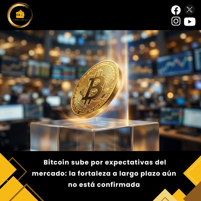 A promotional graphic featuring a golden Bitcoin coin displayed on a glass pedestal with the Spanish text 'Bitcoin sube por expectativas del mercado: la fortaleza a largo plazo aún no está confirmada' and social media icons for Facebook, X, Instagram, and YouTube.