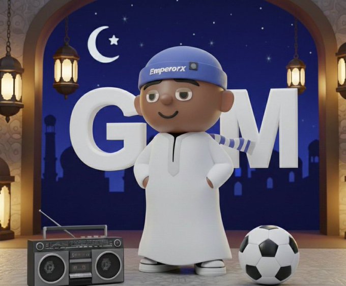 A 3D cartoon mascot wearing a white robe and blue 'EmperorX' cap stands between large letters spelling 'G M', with a boombox and soccer ball nearby.
