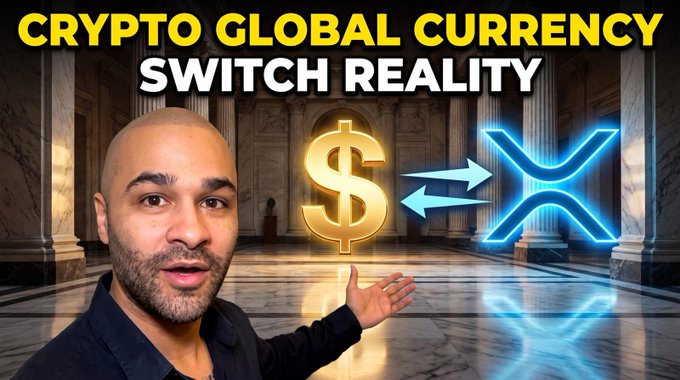 A YouTube thumbnail featuring a man gesturing toward golden dollar and blue XRP symbols with arrows indicating an exchange between them, under the bold yellow and white text "CRYPTO GLOBAL CURRENCY SWITCH REALITY." The thumbnail visually represents the video's announcement about shifting beyond just XRP-focused content, while still highlighting XRP as a key crypto asset, encouraging viewers to like and subscribe via the linked video.