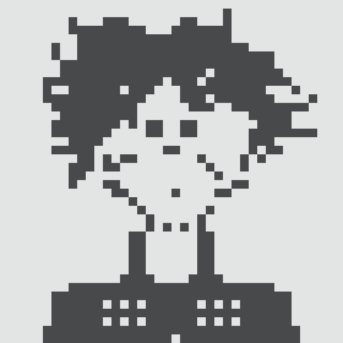 Pixel art illustration of a character with short hair and bangs, rendered in dark navy and white tones.