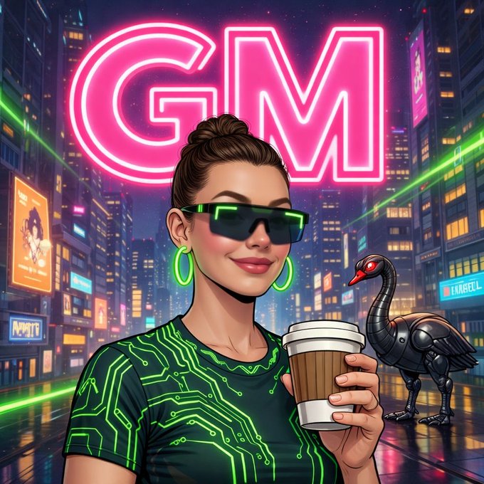 A cyberpunk/neon-style illustration of a woman with smart glasses holding a coffee cup, with a large pink neon 'GM' sign and a robotic black swan in a futuristic cityscape background.