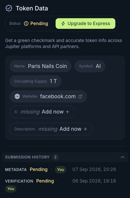 A 'Token Data' screen showing information for 'Paris Nails Coin' with the symbol 'AI', a circulating supply of '1 T', and a pending status, with submission history dates of 07 Sep 2026 and 06 Sep 2026.
