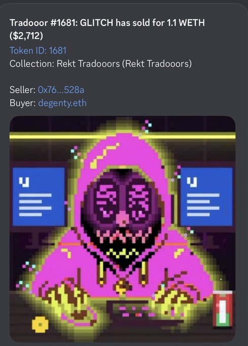 A notification showing "Tradooor #1681: GLITCH has sold for 1.1 WETH ($2,712)" from the Rekt Tradooors collection, featuring a pixelated pink hooded figure at a computer.