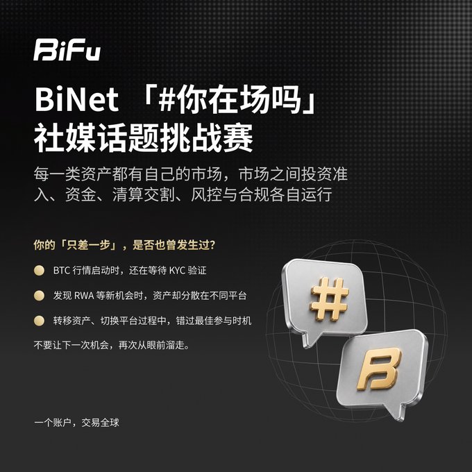 A promotional graphic for BiFu's BiNet social media challenge titled '#你在场吗' (Are you present?), advertising a unified global trading account with hashtags and a globe icon.