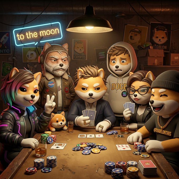 A cartoon illustration depicts anthropomorphic Shiba Inu characters playing poker around a table with chips and cards, featuring a 'to the moon' neon sign and 'DOGE' and 'CRYPTO' posters in the background.