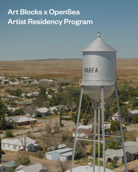 An aerial view of Marfa, Texas features the town's iconic water tower prominently displaying the name "MARFA," with the surrounding desert landscape and residential homes stretching toward distant mountains, under text announcing the "Art Blocks x OpenSea Artist Residency Program" with an October 1 application deadline for a Spring 2027 residency.