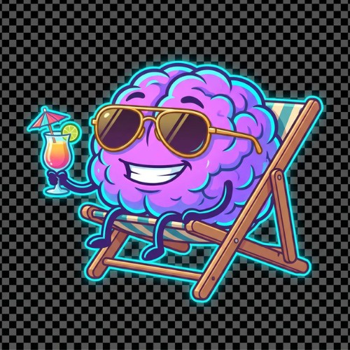 The image features a cartoon brain sitting on a wooden chair with sunglasses on its face, holding a drink in a glass. The brain has a big smile on its face, indicating that it's enjoying itself. The background of the image is black and white, which contrasts with the colorful elements of the brain and the chair. There are no other objects or texts present in the image.
