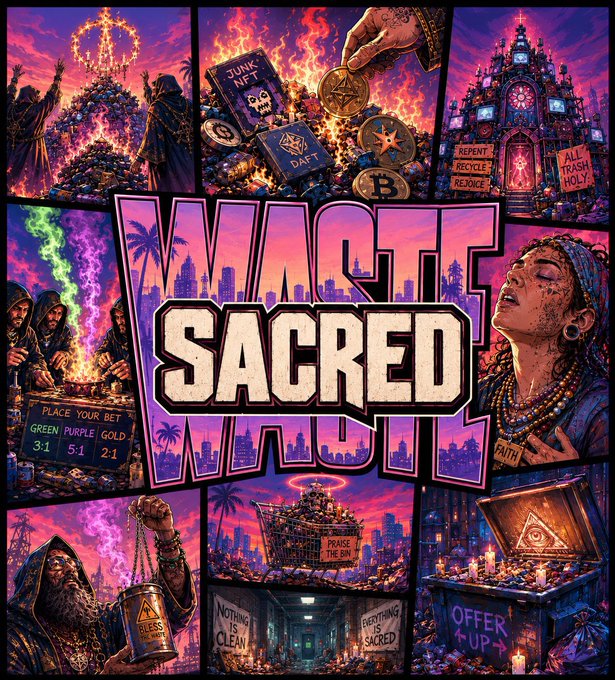 A vibrant, collage-style poster with the text 'WASTE NOT, SACRED WASTE' featuring various religious/spiritual imagery paired with waste and recycling themes in purple and orange tones.