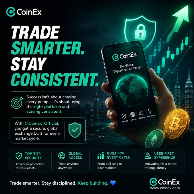 A CoinEx advertisement featuring the slogan 'TRADE SMARTER. STAY CONSISTENT.' shows a hand holding a smartphone displaying the CoinEx app, with a rising green chart, shield icon, and Bitcoin and Ethereum coins in the background.