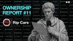 A thumbnail image for a video titled 'OWNERSHIP REPORT #11 — Rip Cars,' featuring a classical statue holding a paper against a dark patterned background.
