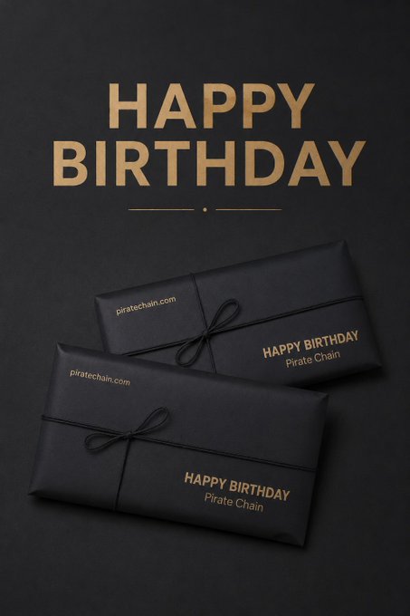 The image displays two elegantly wrapped black gift boxes tied with ribbon, featuring "HAPPY BIRTHDAY Pirate Chain" and "piratechain.com" in gold lettering, set against a dark background with large "HAPPY BIRTHDAY" text at the top. This visually represents the special birthday presents referenced in the post celebrating PirateChain's 8th anniversary, building excitement for an upcoming reveal involving the $ARRR cryptocurrency.