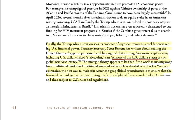 This image contains highlighted text from a document discussing how the Trump administration views cryptocurrency, specifically "stablecoins," as a tool to "reinforce" the U.S. dollar's status as the global reserve currency. This directly supports the accompanying post's claim that the United States will strategically use stablecoins to strengthen the Dollar's position.