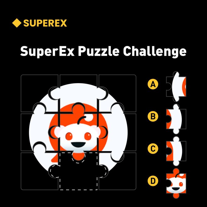 A "SuperEx Puzzle Challenge" graphic featuring a 3x3 jigsaw puzzle with a Reddit mascot (Snoo) on an orange circle background, with one missing bottom-center piece and four multiple-choice options (A, B, C, D) on the right showing different puzzle fragments to select the correct answer.