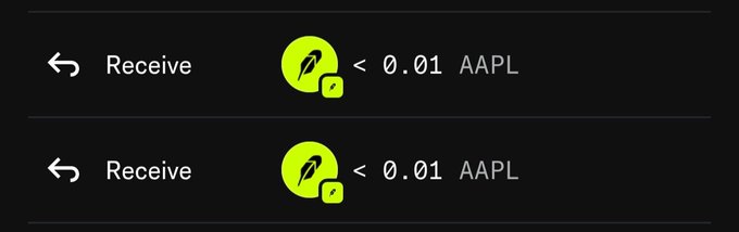 Two identical Robinhood transaction notifications showing a 'Receive' of less than 0.01 AAPL stock.