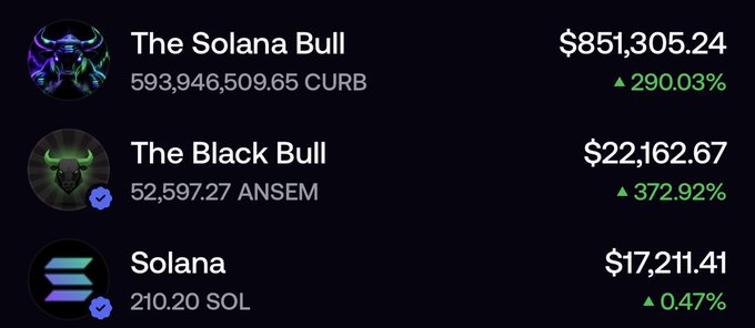 A screenshot of a portfolio tracker shows holdings of $CURB valued at $851,305.24 (+290.03%), $ANSEM at $22,162.67 (+372.92%), and $SOL at $17,211.41 (+0.47%), humorously illustrating the "perfectly balanced portfolio" of the three highlighted Solana ecosystem tokens.