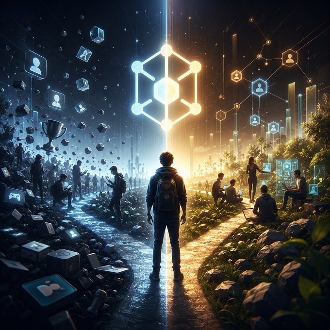A digital artwork showing a person facing a glowing cube, flanked by two contrasting scenes: a dark side with gaming/gadget debris and a bright side with people connected via technology.