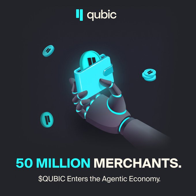 Promotional graphic for Qubic featuring a robotic hand holding a glowing wallet with coins, captioned '50 MILLION MERCHANTS. $QUBIC Enters the Agentic Economy.'
