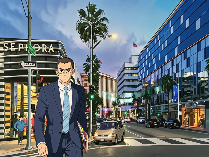 The image features a man dressed in a suit walking down a city street, holding papers or documents. The scene takes place at night with buildings lining both sides of the street, creating an urban atmosphere. There are several cars parked along the street, as well as traffic lights and other city elements like trees and lampposts. In the background, there is a building that says "SEIRIA" on it, which could be a store or office related to the man in the suit. The image also contains text that reads "On January 18, 2018, the day CZ was holding a meeting in Seoul, Japan's Financial Services Agency (JFSA) sent an email asking where Binance was operating and whether it needed to register in Japan".